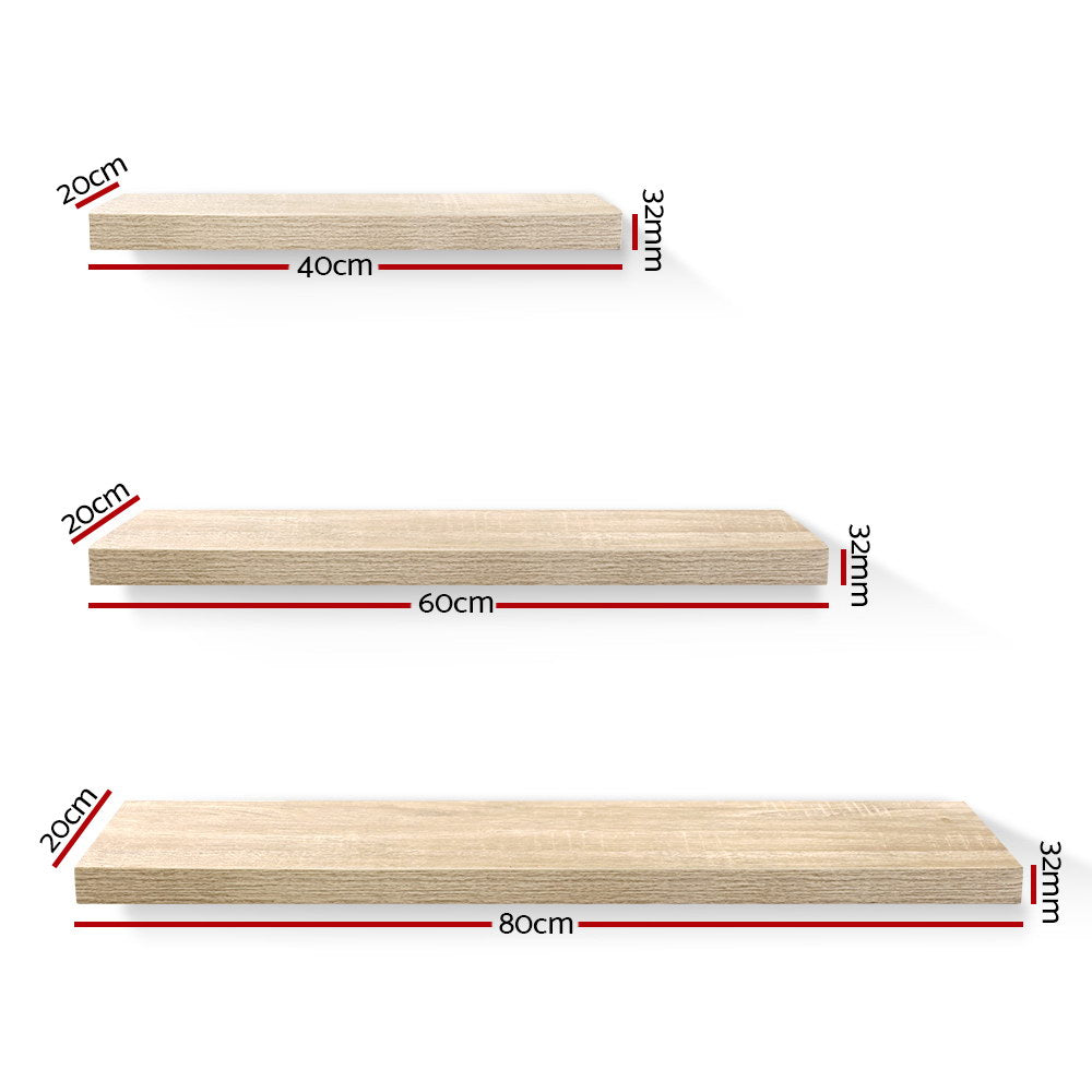 Artiss 3pcs Wall Floating Shelf Set DIY Mount Storage Book Display Rack Oak-Furniture &gt; Office - Peroz Australia - Image - 2