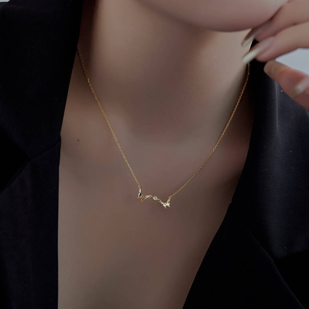 Anyco Necklace Gold Cubic Zirconia 18K Gold Plated Necklace Jewelry Twin Butterfly S925 Sterling Silver Necklaces-Necklace-PEROZ Accessories