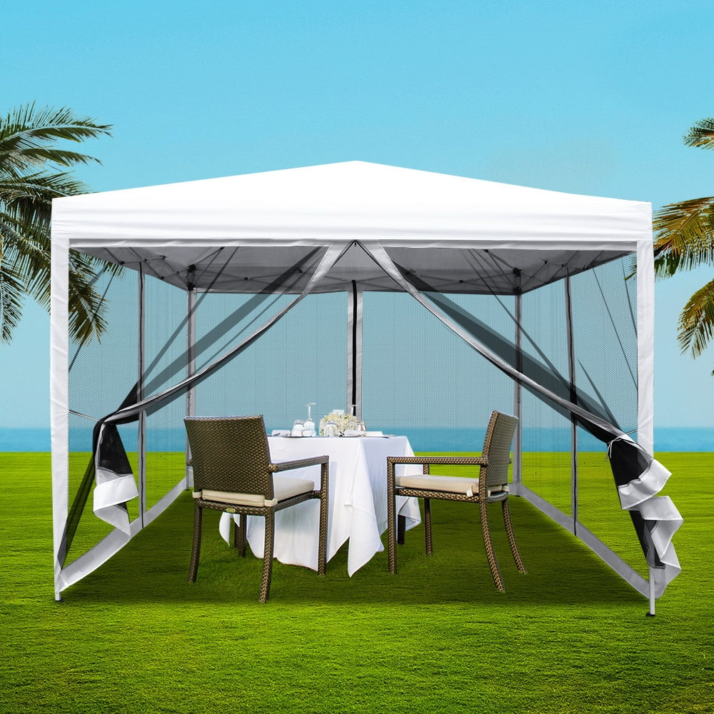 Instahut Gazebo Pop Up Marquee 3x3 Wedding Side Mesh Wall Outdoor Gazebos White-Home &amp; Garden &gt; Shading-PEROZ Accessories