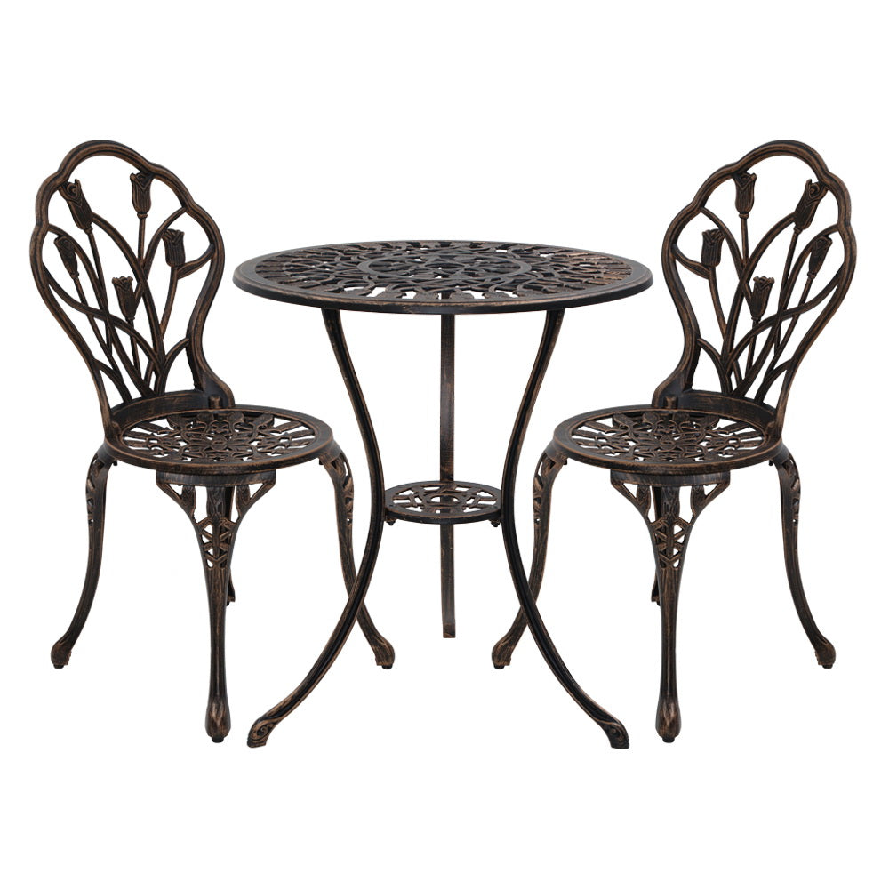 Gardeon 3PC Outdoor Setting Cast Aluminium Bistro Table Chair Patio Bronze-Furniture &gt; Outdoor-PEROZ Accessories