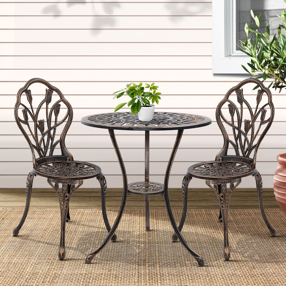 Gardeon 3PC Outdoor Setting Cast Aluminium Bistro Table Chair Patio Bronze-Furniture &gt; Outdoor-PEROZ Accessories