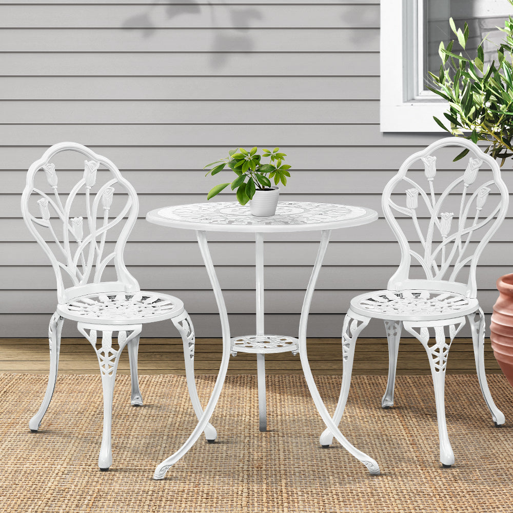 Gardeon 3PC Outdoor Setting Cast Aluminium Bistro Table Chair Patio White-Furniture &gt; Outdoor-PEROZ Accessories