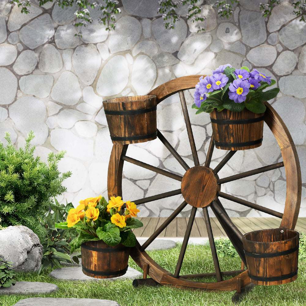 Gardeon Garden Ornaments Decor Wooden Wagon Wheel Rustic Outdoor Planter flower-Furniture &gt; Outdoor-PEROZ Accessories