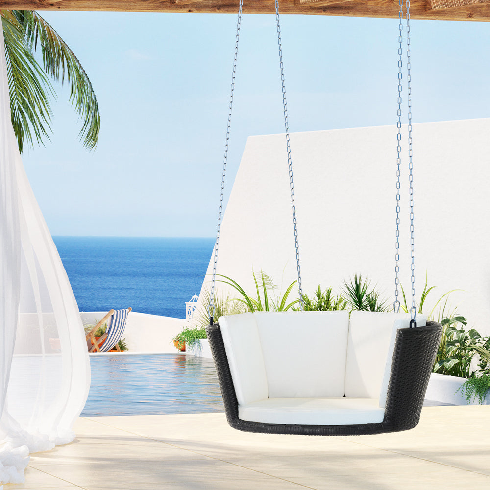 Gardeon Rattan Porch Swing Chair With Chain Cushion Outdoor Furniture Black-Home &amp; Garden &gt; Hammocks-PEROZ Accessories