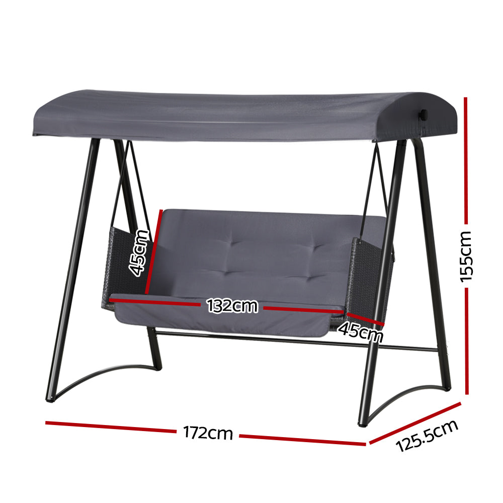 Gardeon Rattan Swing Chair with Canopy Outdoor Garden Bench 3 Seater Grey-Furniture &gt; Outdoor-PEROZ Accessories
