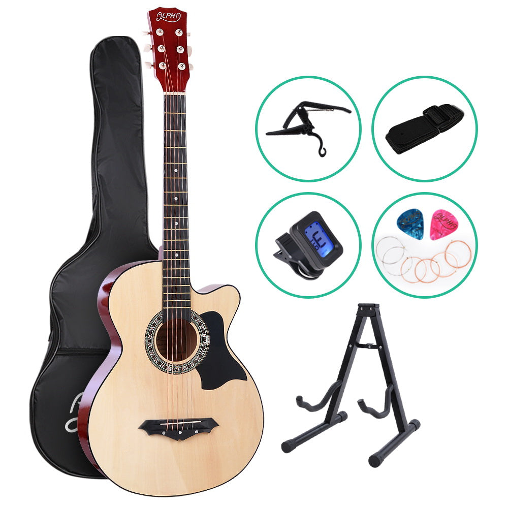 ALPHA 38 Inch Wooden Acoustic Guitar with Accessories set Natural Wood-Audio &amp; Video &gt; Musical Instrument &amp; Accessories-PEROZ Accessories