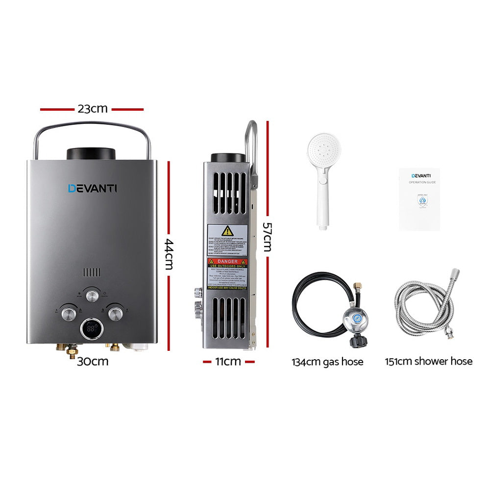 Devanti Portable Gas Water Heater 8LPM Outdoor Camping Shower Grey-Outdoor &gt; Camping-PEROZ Accessories