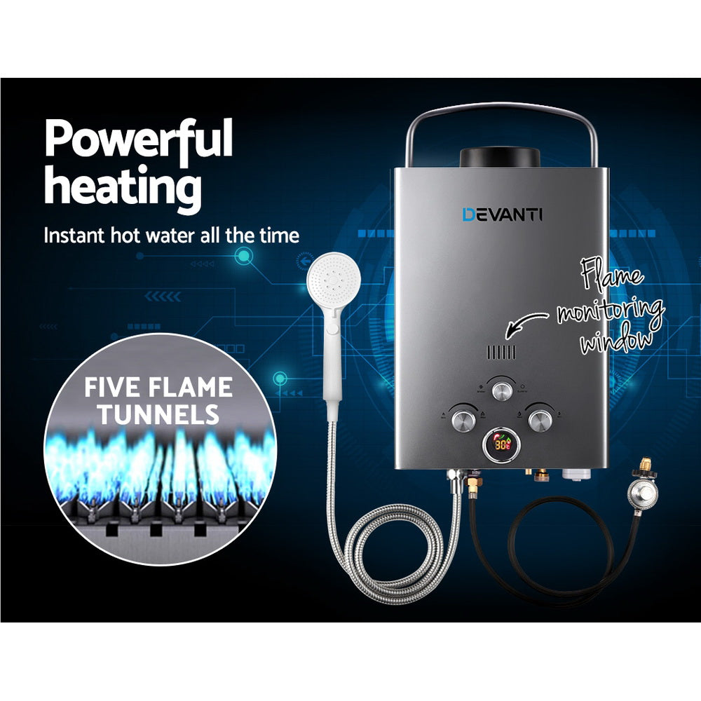 Devanti Portable Gas Water Heater 8LPM Outdoor Camping Shower Grey-Outdoor &gt; Camping-PEROZ Accessories