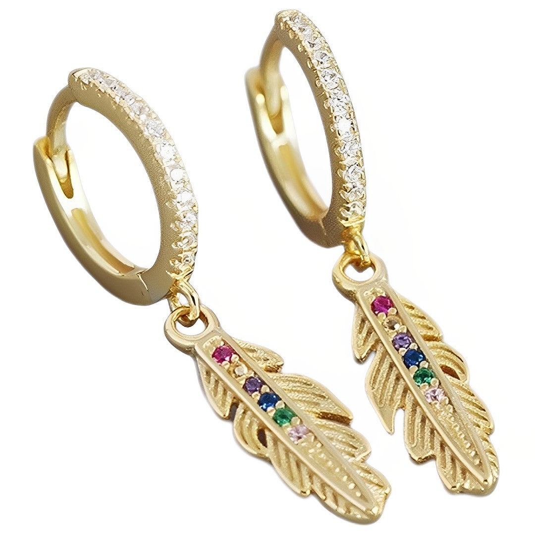Anyco Drop Fashion Earrings Luxury Zircon Feather Pendant Women Jewelry Gift Gold-Earrings-PEROZ Accessories