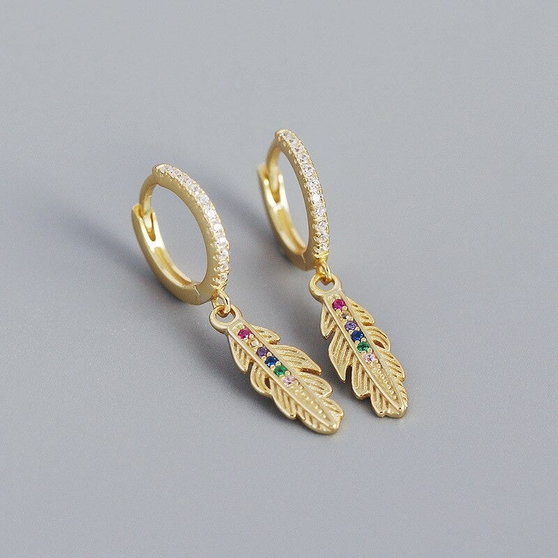 Anyco Drop Fashion Earrings Luxury Zircon Feather Pendant Women Jewelry Gift Gold-Earrings-PEROZ Accessories