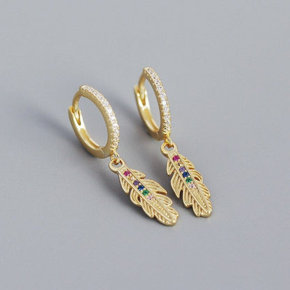 Anyco Drop Fashion Earrings Luxury Zircon Feather Pendant Women Jewelry Gift Gold-Earrings-PEROZ Accessories