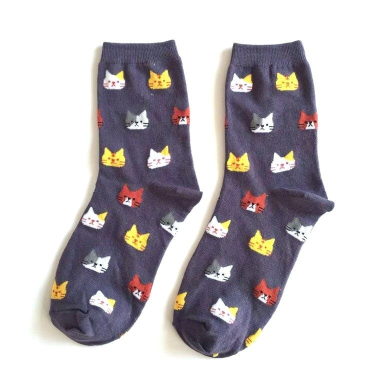Anysox 5 Pairs Grey Cat Size 5-9 Fashion Socks High Quality Office Sports Business Long Socks Cotton Solid Colors Skateboard Knitted Casual 1-Socks-PEROZ Accessories