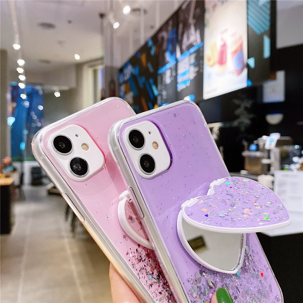 Anymob iPhone Violet Sequins Glitter Case Love Heart Mirror Holder Stand Cover-Mobile Phone Cases-PEROZ Accessories