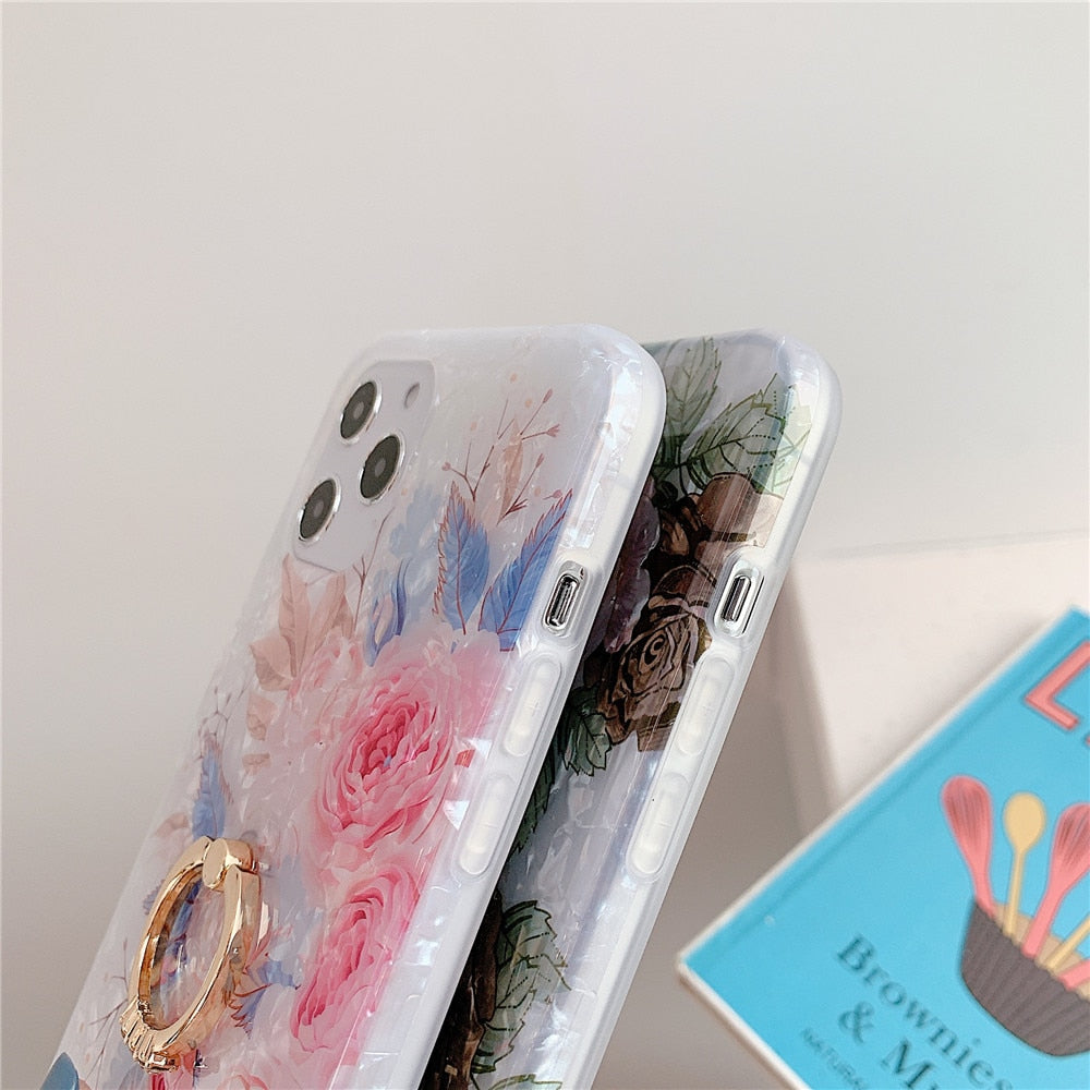 Anymob iPhone Brown Rose Shell Pattern Flowers Phone Cover With Ring Holder-Mobile Phone Cases-PEROZ Accessories