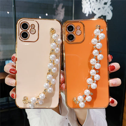 Anymob iPhone Case Orange Plating Pearl Chain Wrist Band Soft Silicone Cover-Mobile Phone Cases-PEROZ Accessories