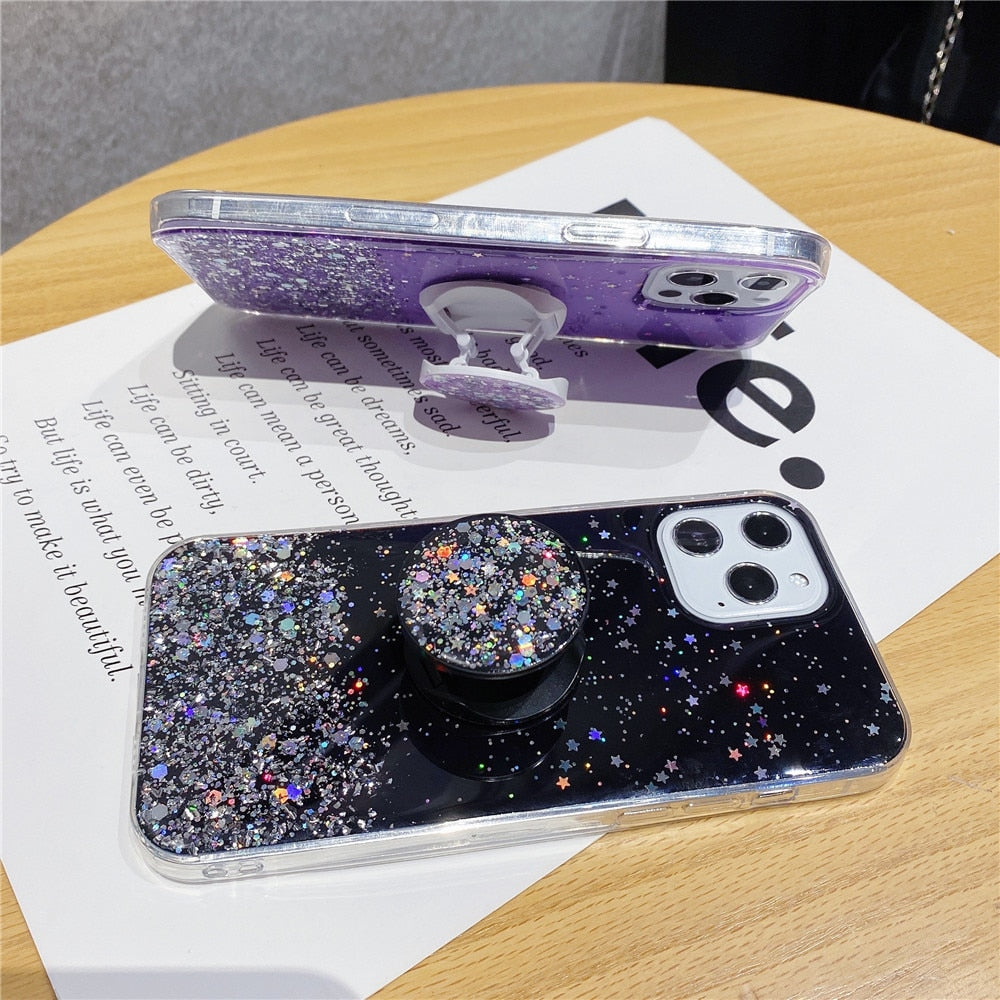 Anymob iPhone Case Turquoise Transparent Glitter Silicone Holder Stand Shell-Mobile Phone Cases-PEROZ Accessories