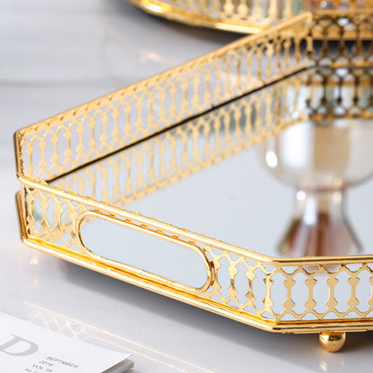 Anyhouz 29cm Gold Rectangle Glass Mirror Base Metal Vanity Food Serving Organisr Jewelry Cosmetics Storage Tray with Handle-Food &amp; Accessory Tray-PEROZ Accessories