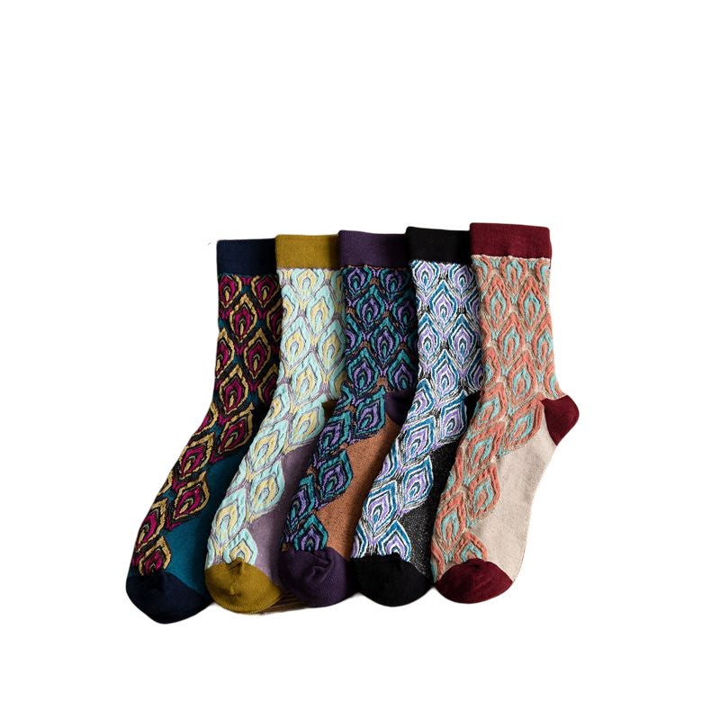 Anysox 5 Pairs Size 5-9 Multicolor Abstract Long Socks Retor Luxury Autumn Winter Peacock Feather Pattern Style With Soken Chaussette Femme-Socks-PEROZ Accessories