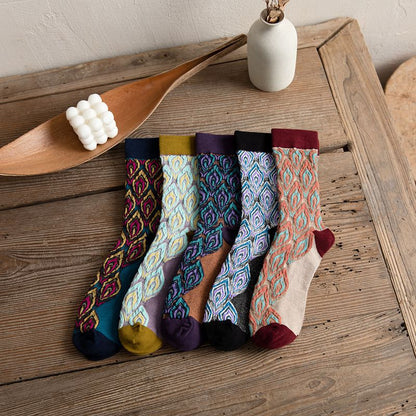 Anysox 5 Pairs Size 5-9 Green Violet Abstract Long Socks Luxury Autumn Winter Peacock Feather Pattern Style With Soken Chaussette Femme-Socks-PEROZ Accessories