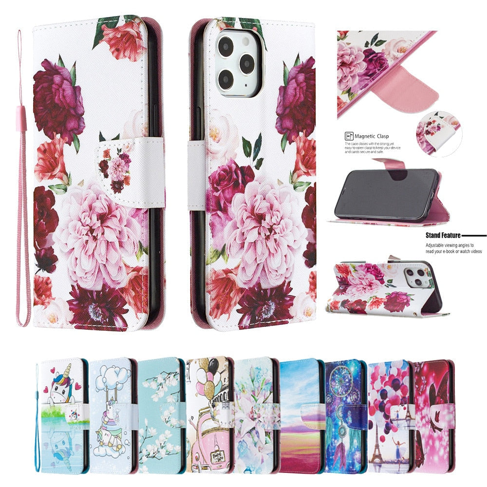 Anymob iPhone Case Green Cherry Blossom Flip Leather Fashion Colorful Flower Painted Wallet Phone Bags-Mobile Phone Cases-PEROZ Accessories