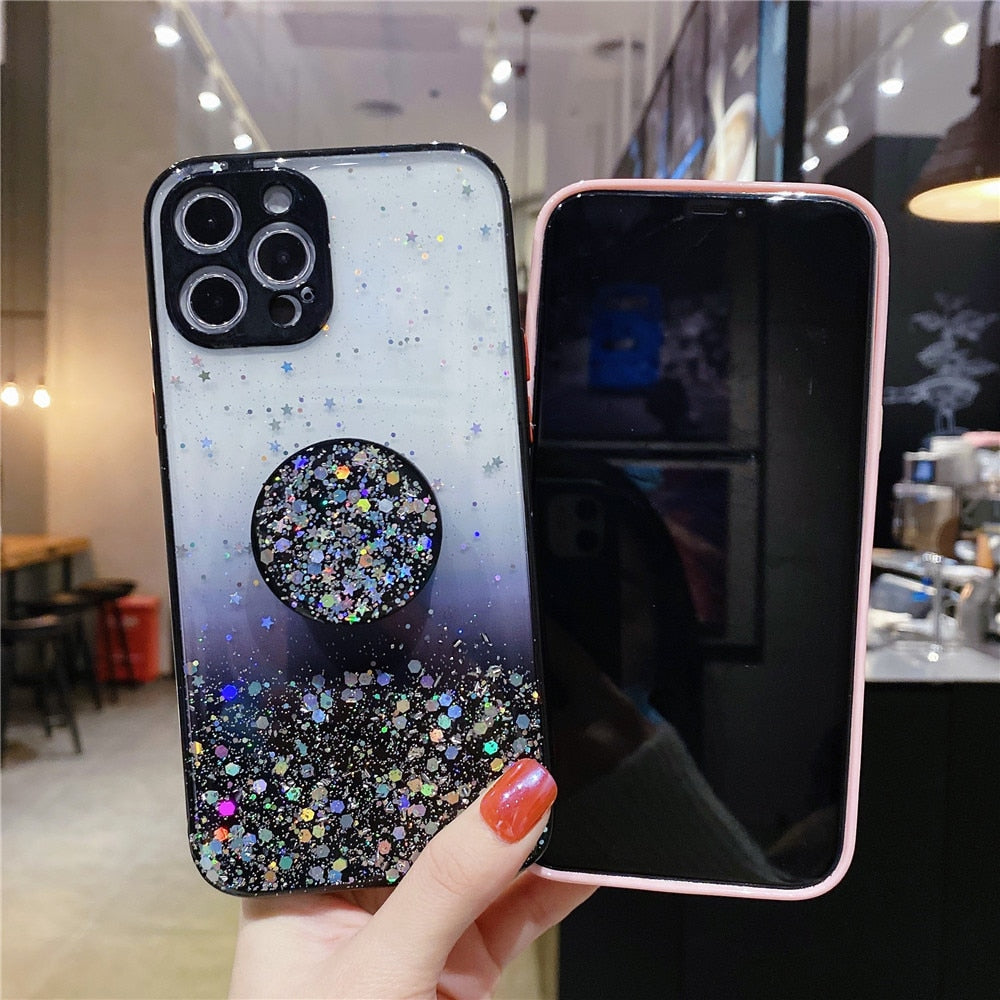 Anymob iPhone Case Sky Blue Camera Protection Bling Glitter Soft Clear Stand Holder Cover-Mobile Phone Cases-PEROZ Accessories