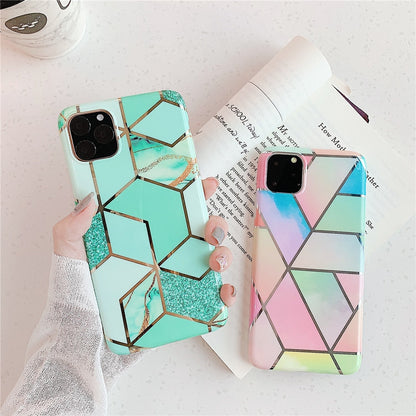 Anymob iPhone Pink Plating Geometric Marble Phone Case Glossy Soft Back Cover-Mobile Phone Cases-PEROZ Accessories