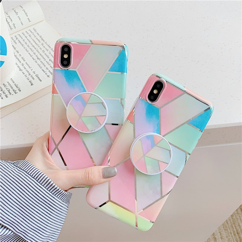 Anymob iPhone Mint Green Holder Stand Case Back Cover Marble Art Silicone Phone Cover-Mobile Phone Cases-PEROZ Accessories