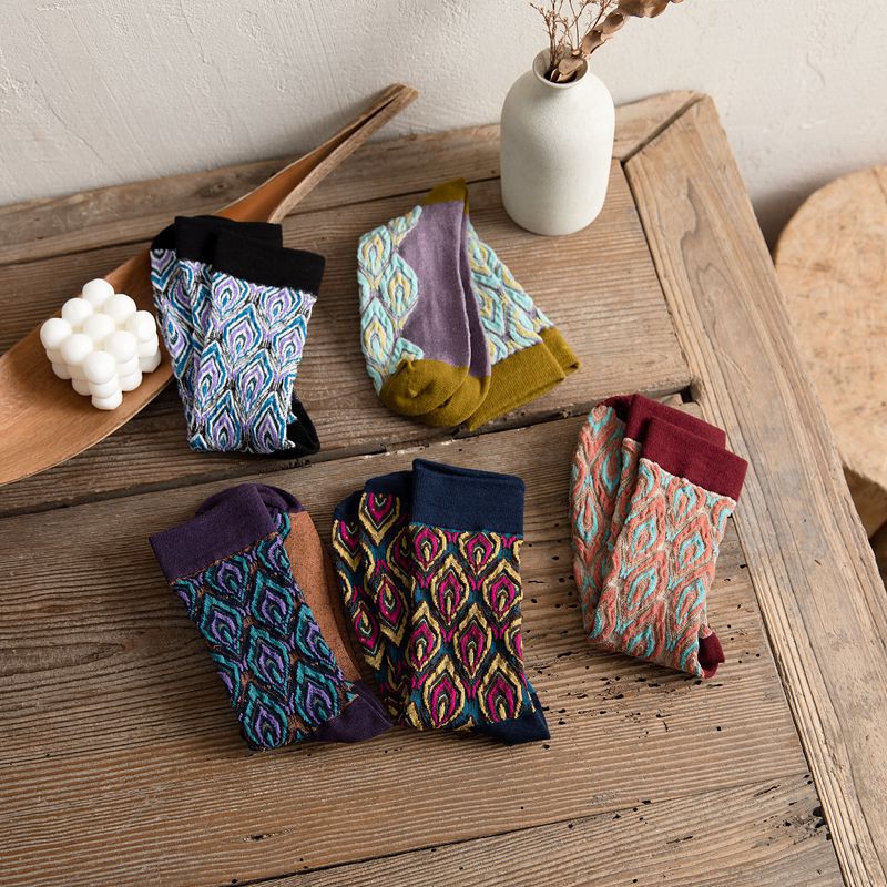 Anysox 5 Pairs Size 5-9 Coffee Brown Abstract Socks Retor Luxury Autumn Winter Peacock Feather Pattern Style With Soken Chaussette Femme-Socks-PEROZ Accessories