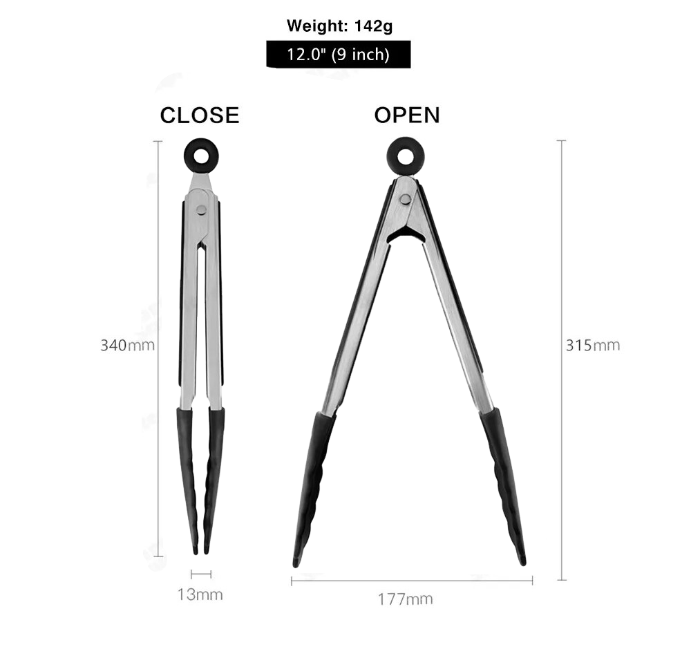 Anygleam Tong Stainless Steel Large Black Handle Clip Heat Resistant Cooking Baking Salad Steak Kitchen Gadget-Kitchen Tools &amp; Utensils-PEROZ Accessories