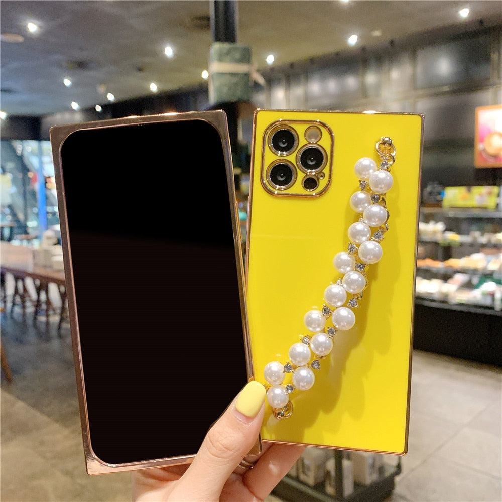 Anymob iPhone Case Gray Pearl Diamond Bracelet Square Plating Soft Chain Back Cover-Mobile Phone Cases-PEROZ Accessories