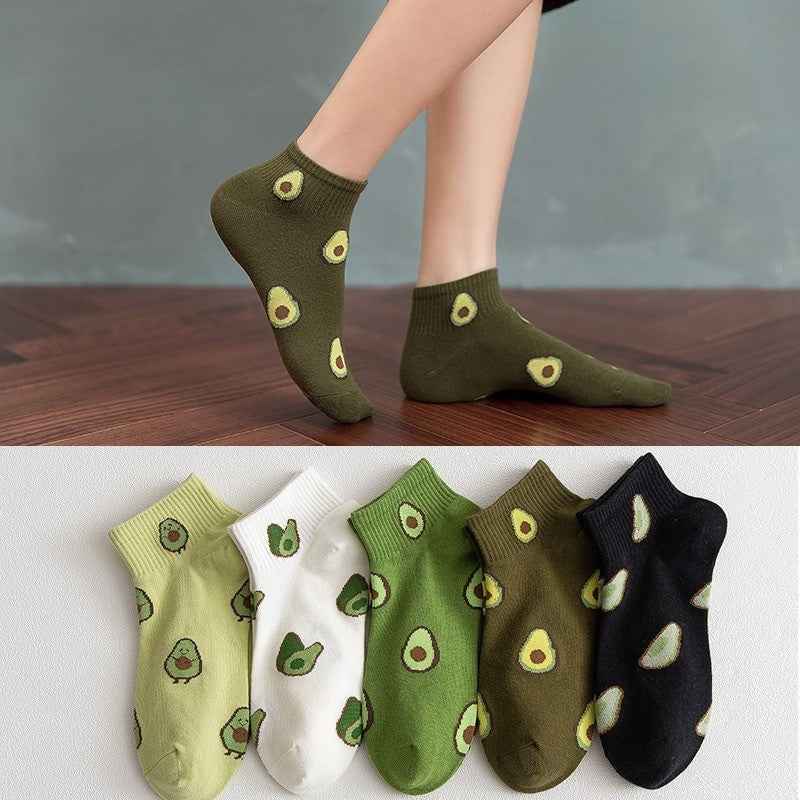 Anysox 5 Pairs One Size 5-9 Green Spring Summer Cotton Avocado Breathable School Girl For Female Ankle Socks-Socks-PEROZ Accessories