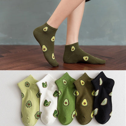 Anysox 5 Pairs One Size 5-9 Green Spring Summer Cotton Avocado Breathable School Girl For Female Ankle Socks-Socks-PEROZ Accessories
