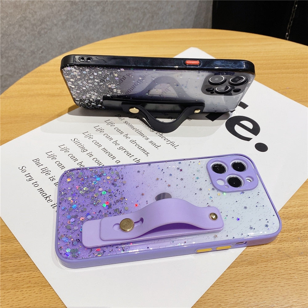 Anymob iPhone Case Purple Sequins Glitter Wrist Band Clear With Stand Holder Back Cover-Mobile Phone Cases-PEROZ Accessories
