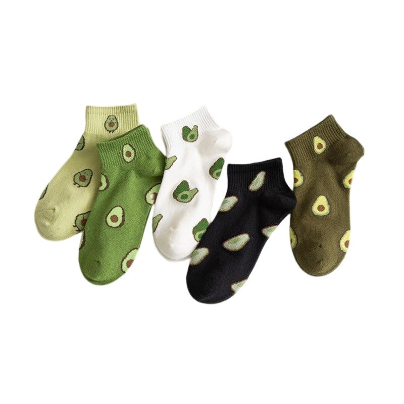 Anysox 5 Pairs One Size 5-9 Random Spring Summer Cotton Avocado Breathable School Girl For Female Ankle Socks-Socks-PEROZ Accessories