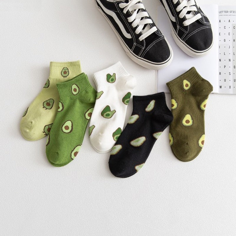 Anysox 5 Pairs One Size 5-9 Black Spring Summer Cotton Avocado Breathable School Girl For Female Ankle Socks-Socks-PEROZ Accessories
