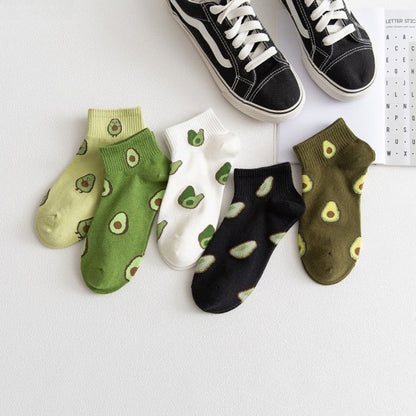 Anysox 5 Pairs One Size 5-9 Black Spring Summer Cotton Avocado Breathable School Girl For Female Ankle Socks-Socks-PEROZ Accessories