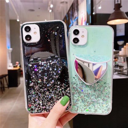 Anymob iPhone Violet Sequins Glitter Case Love Heart Mirror Holder Stand Cover-Mobile Phone Cases-PEROZ Accessories