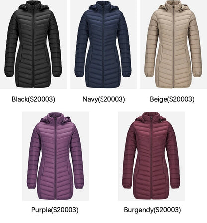 Anychic Womens Padded Puffer Jacket Medium Beige Ultralightweight Long Parka With Detachable Hood Outdoor Warm Clothes-Coats &amp; Jackets-PEROZ Accessories