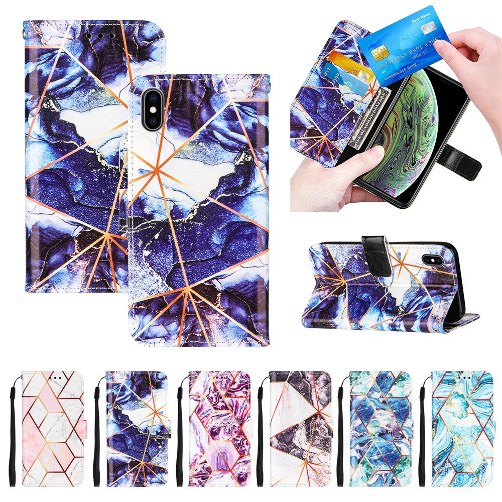 Anymob Samsung Ocean Blue Geometric Marble Leather Case Flip Wallet Magnetic Phone Cover-Mobile Phone Cases-PEROZ Accessories