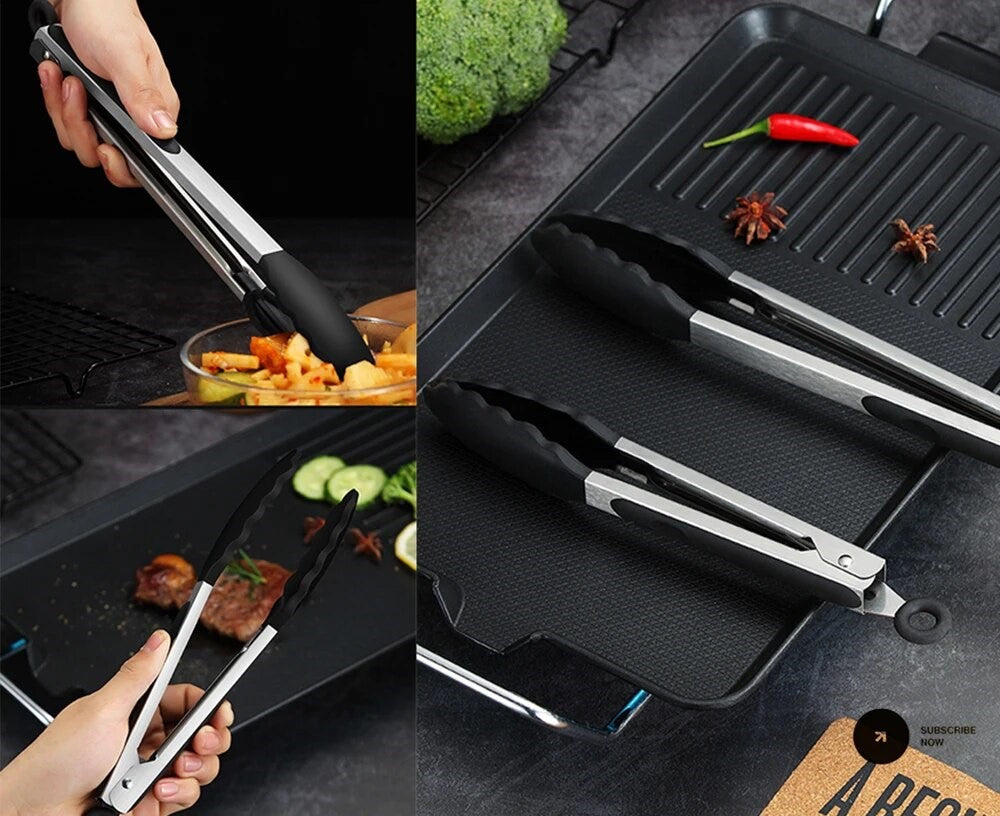 Anygleam Tong Stainless Steel Large Black Handle Clip Heat Resistant Cooking Baking Salad Steak Kitchen Gadget-Kitchen Tools &amp; Utensils-PEROZ Accessories