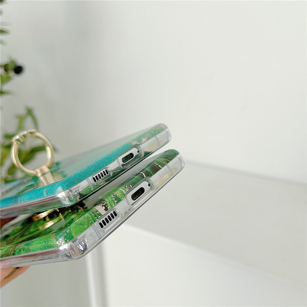 Anymob Samsung Green Silicon Case Glitter Marble Finger Ring Bracket Holder Phone Cover-Mobile Phone Cases-PEROZ Accessories