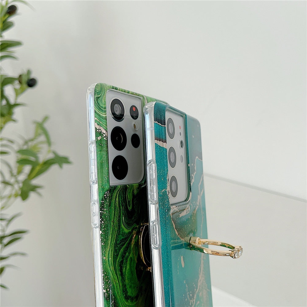 Anymob Samsung Green Silicon Case Glitter Marble Finger Ring Bracket Holder Phone Cover-Mobile Phone Cases-PEROZ Accessories
