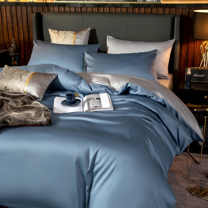 Anyhouz Duvet Comforter Set King Blue/ Light Grey Egyptian Cotton Thick Blanket Bedspread 4 Pcs Bed Set-Comforter-PEROZ Accessories