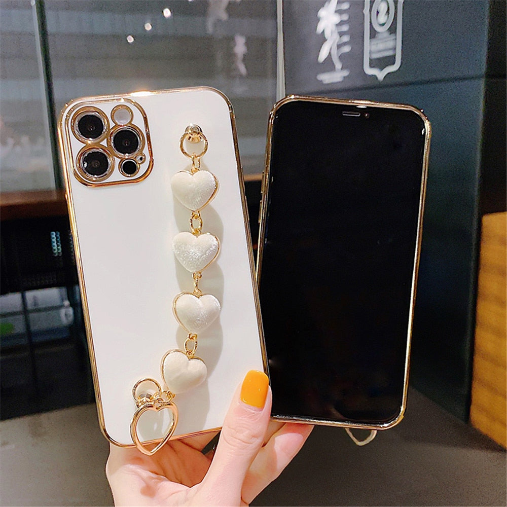 Anymob iPhone Case Light Pink Soft Plating Cover Love Heart Plush Bracelet-Mobile Phone Cases-PEROZ Accessories