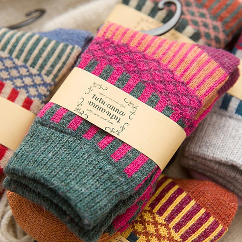 Anysox 5 Pairs One Size 5-9 Mix Color Winter Thick Warm Wool Socks With Colorful Fashionable And Casual Euramerican National Wind-Flowers Sock-Socks-PEROZ Accessories