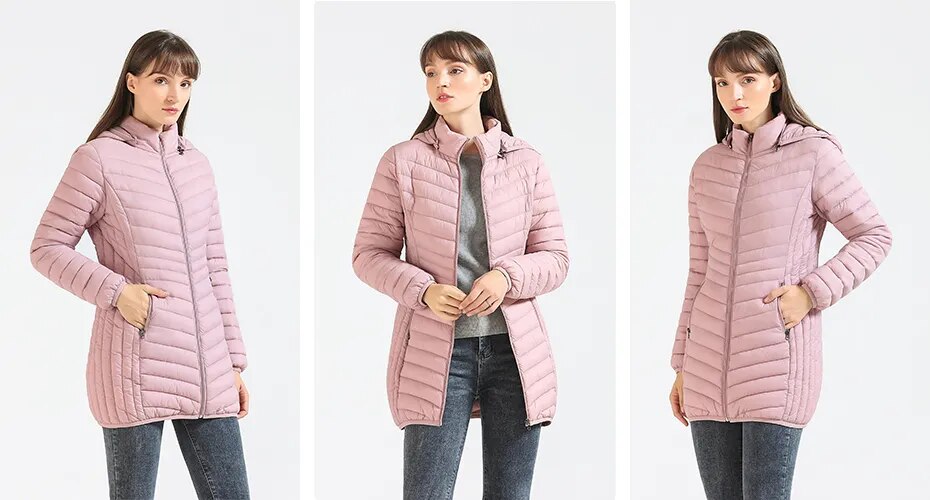 Anychic Womens Padded Puffer Jacket Large Beige Ultralightweight Long Parka With Detachable Hood Outdoor Warm Clothes-Coats &amp; Jackets-PEROZ Accessories