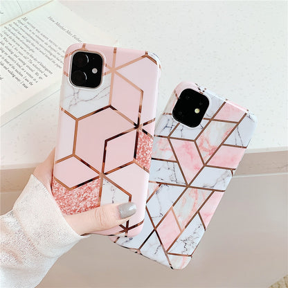 Anymob iPhone Pink Plating Geometric Marble Phone Case Glossy Soft Back Cover-Mobile Phone Cases-PEROZ Accessories