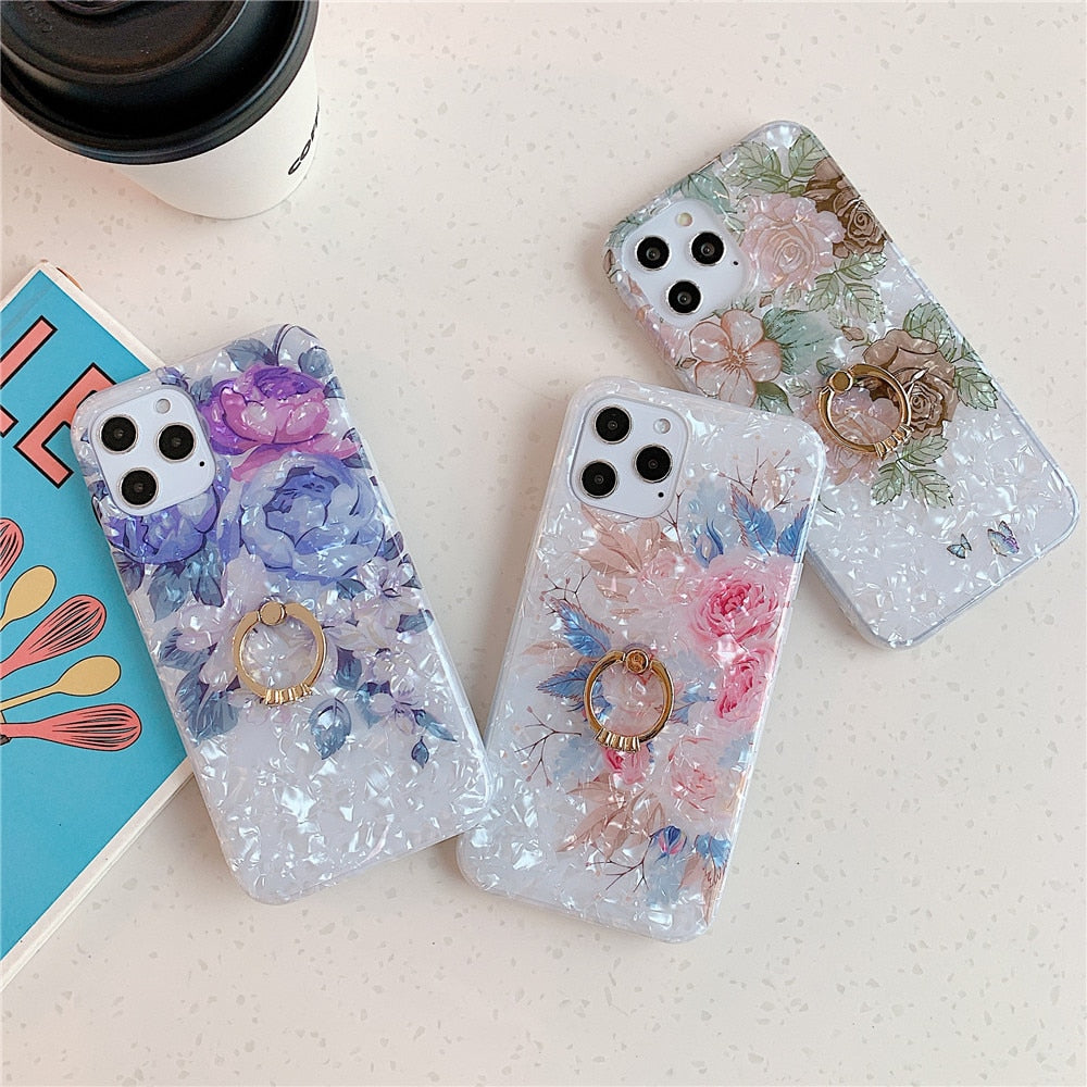 Anymob iPhone Brown Rose Shell Pattern Flowers Phone Cover With Ring Holder-Mobile Phone Cases-PEROZ Accessories