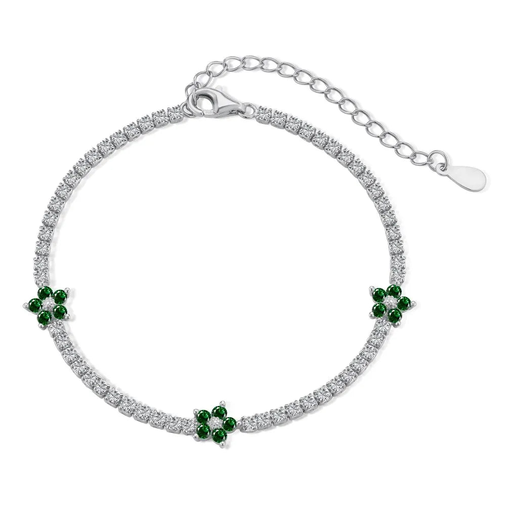 Anyco Bracelet Silver Bracelet Women Green Flower Charm 5A Cubic Zirconia Chain 925 Sterling silver Tennis Bangles-Bracelets-PEROZ Accessories