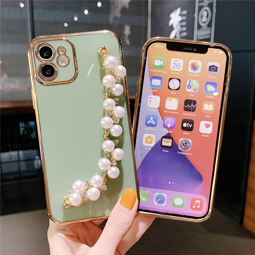 Anymob iPhone Case Light Blue Plating Pearl Chain Wrist Band Soft Silicone Cover-Mobile Phone Cases-PEROZ Accessories